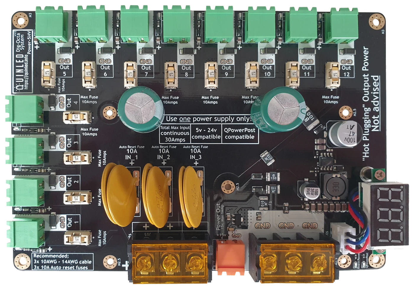 QuinLED-Dig-Octa Power-5HV high-voltage powerboard: black PCB with 12 green pluggable outputs, gold auto-reset input fuses, capacitors and red voltage display