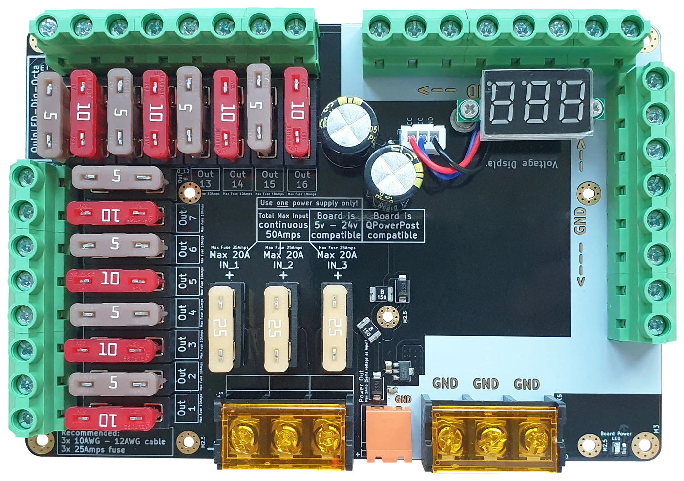 QuinLED-Dig-Octa Power-7 powerboard: black PCB ringed by 16 green screw terminals with rows of automotive blade fuses and brass busbar posts