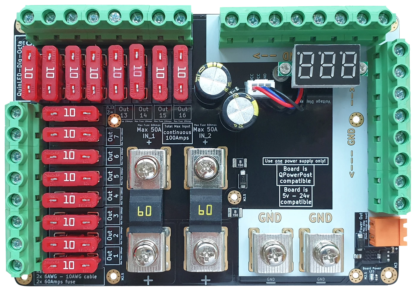 QuinLED-Dig-Octa Power-7HC high-current powerboard: black PCB with M5 bolt input terminals, two 60A MIDI fuses, 16 green screw terminals and blade fuse rows